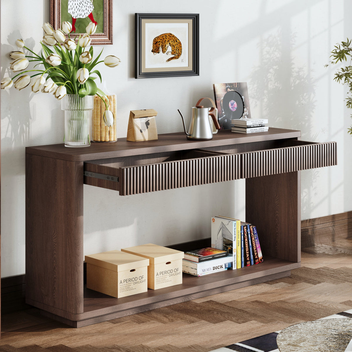 60' Modern 2-Drawer Fluted Console Table Natural Wood Veneer Sofa Table Behind Couch Table for Living Room, Hallway, Entryway, Home Office, Natural Wood