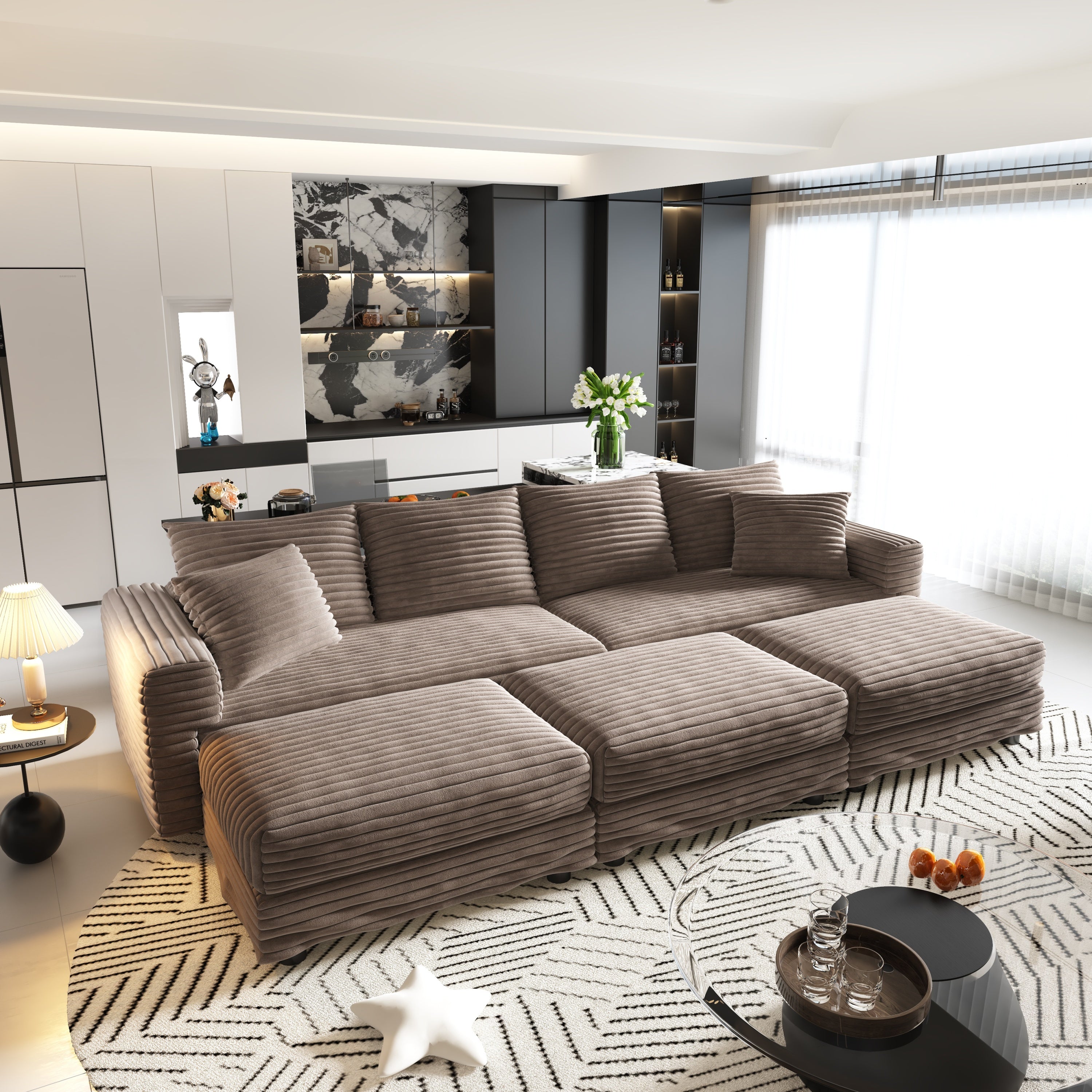102.4 'Plush Corduroy 4-Seat Sofa,Modern Comfy Upholstered Sofa Cloud Couch,Deep Seat Couches with Soft Pillows and 3 Ottomans,Convertible Sofa Lounge Chair,Black(Old SKU:W1885S00287)