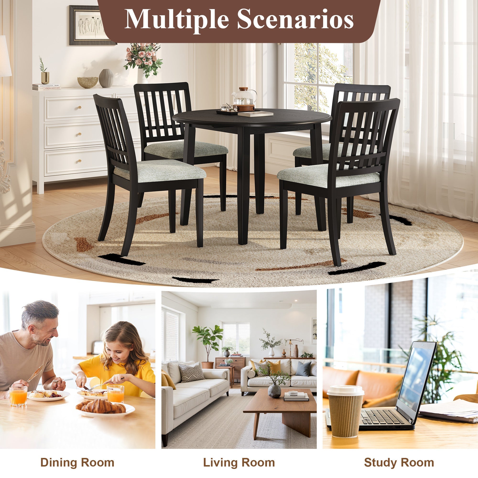 3-Piece Round Dining Table Set for 2 People, 1 Folding Wood Dining Table + 2 Upholstered Chairs, Space-Saving Design for Small Apartments and Dining Areas -LIGHT BROWN