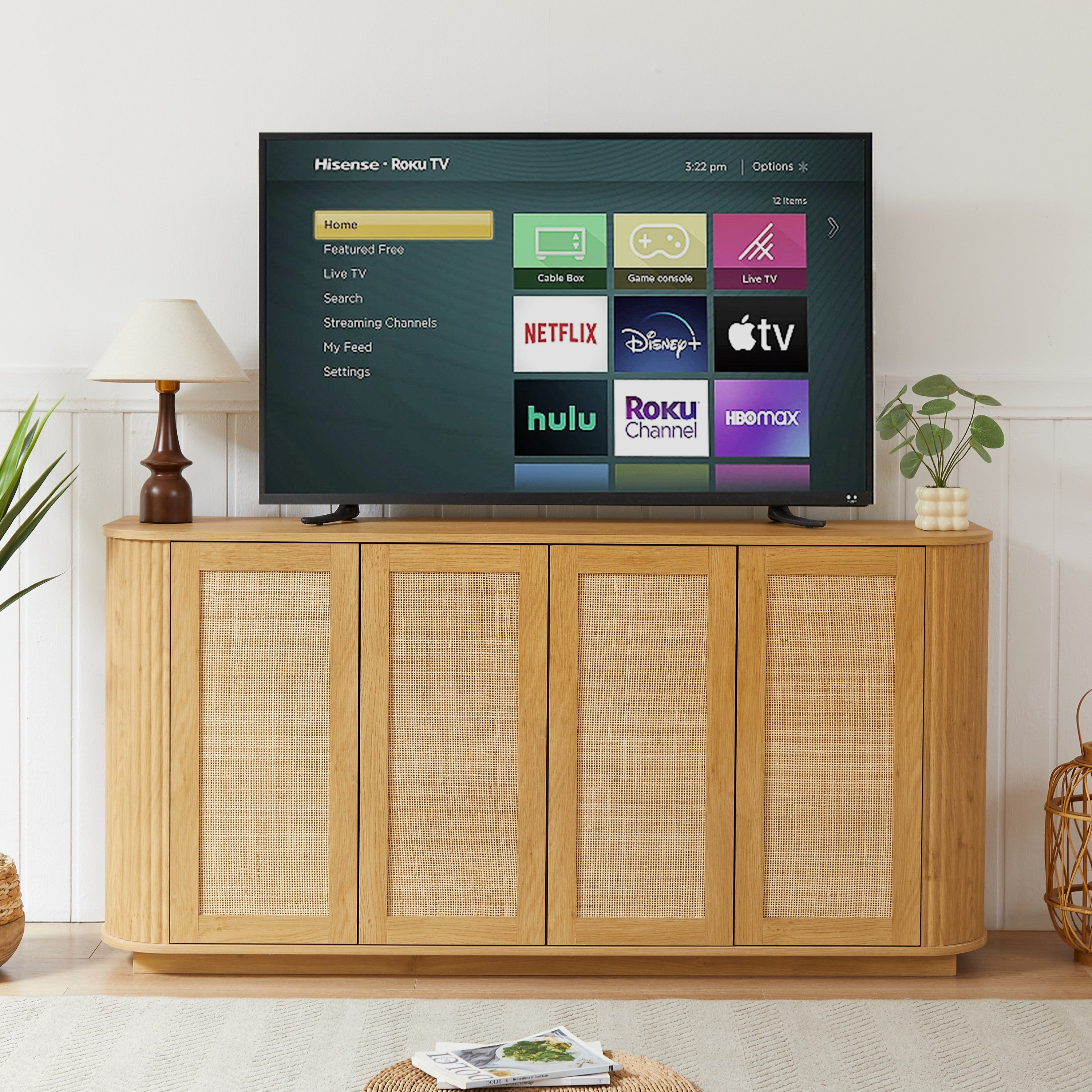 Natural wood TV stand angle view