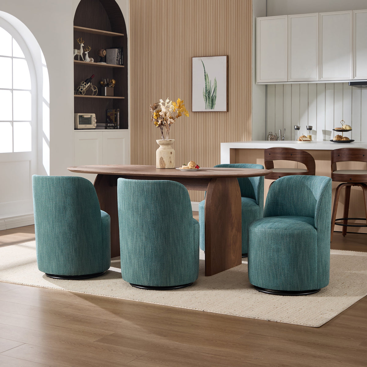 Set Of 1 Upholstered Kitchen & Dining Room Barrel Chair, Mid Century Modern Round Linen Dining Chair, 360 Degree Swivel Comfy Armless Accent Makeup Vanity Side Chair for Bedroom Living Room