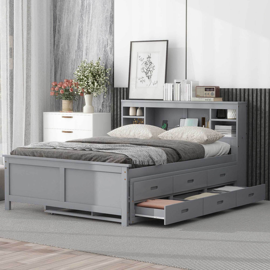 Gray platform bed with twin trundle and drawers — angle view