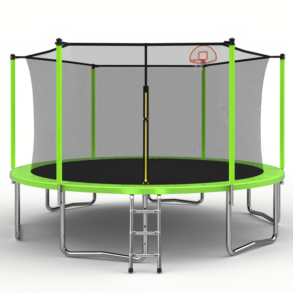 14ft green outdoor kids trampoline with basketball hoop — front view