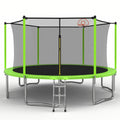 14ft green outdoor kids trampoline with basketball hoop — front view