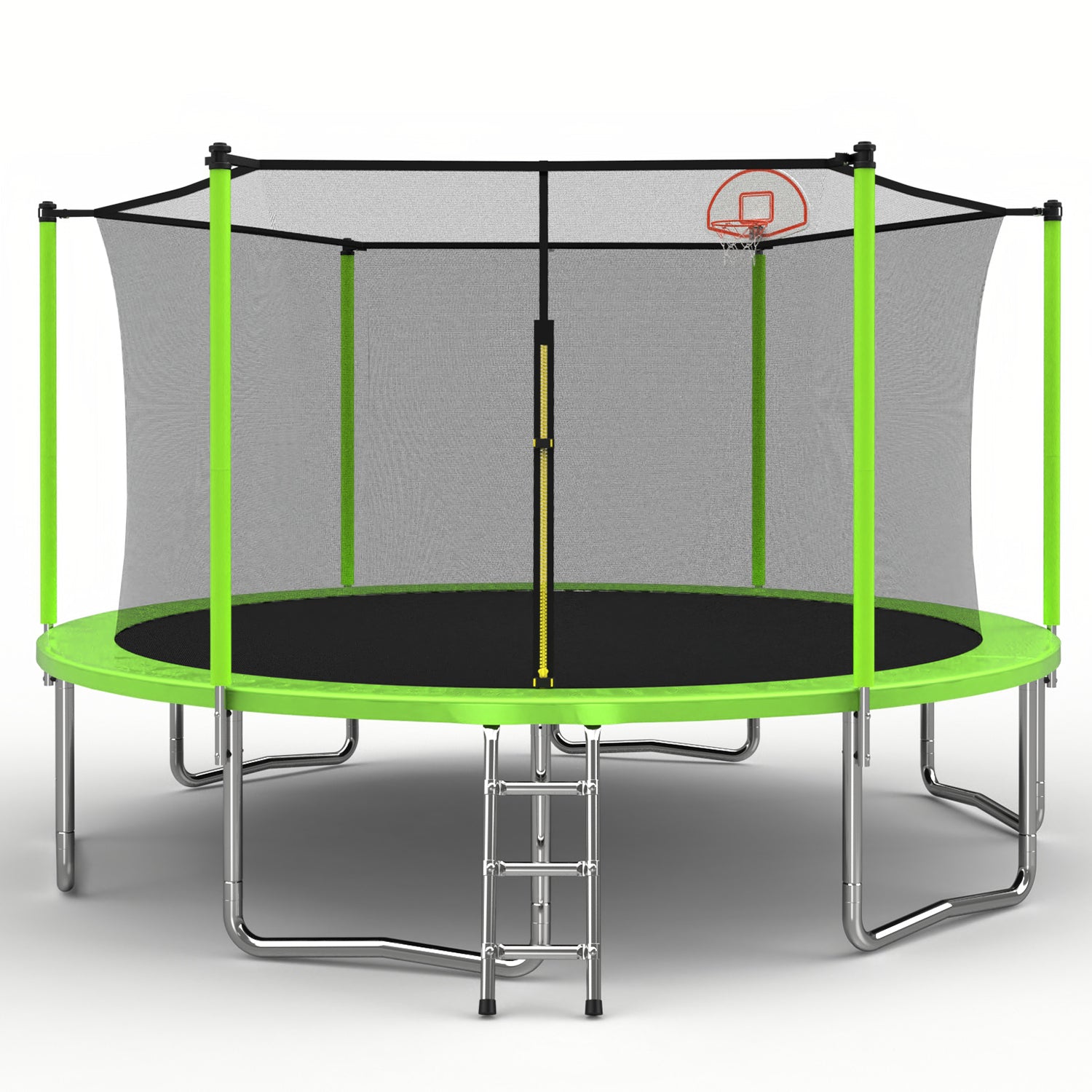 14ft green outdoor kids trampoline with basketball hoop — front view