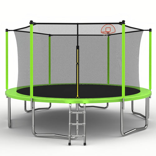 14ft green outdoor kids trampoline with basketball hoop — front view