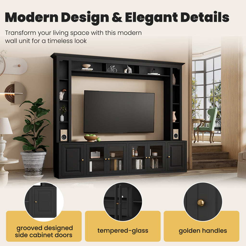 Modern black wall unit entertainment center with gold handles
