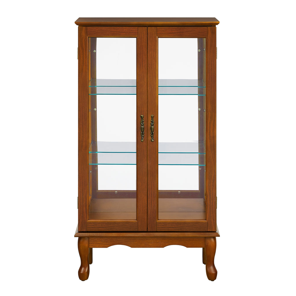Oak lighted curio cabinet mirrored back glass doors — front view