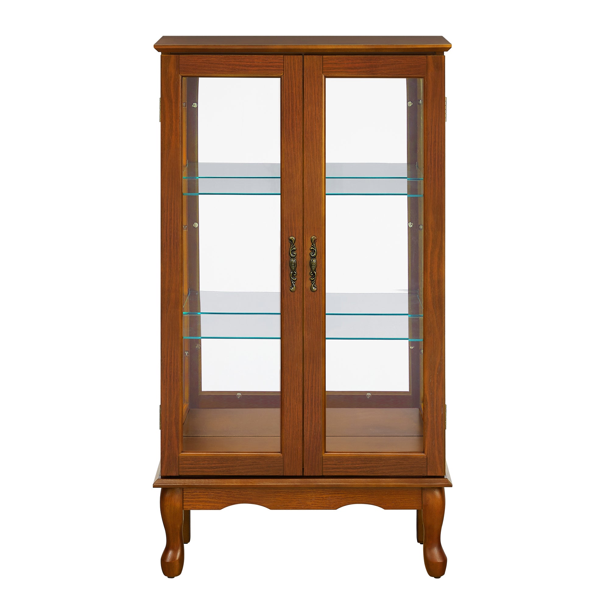 Oak lighted curio cabinet mirrored back glass doors — front view