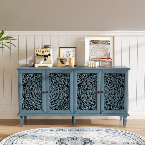 60-inch antique blue sideboard with brass handles — angle view