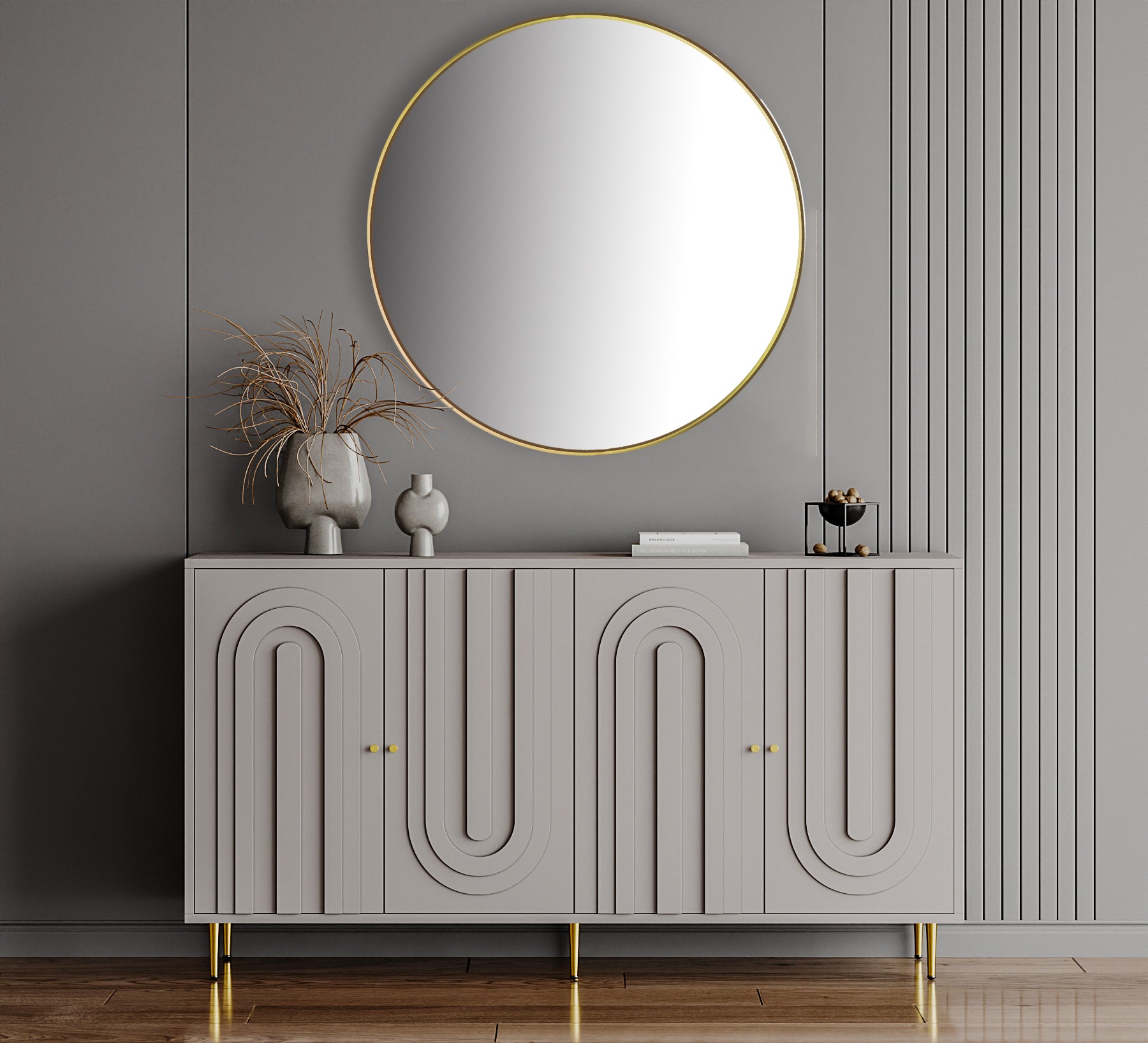 Gray MDF sideboard euro-style concealed hinges close-up