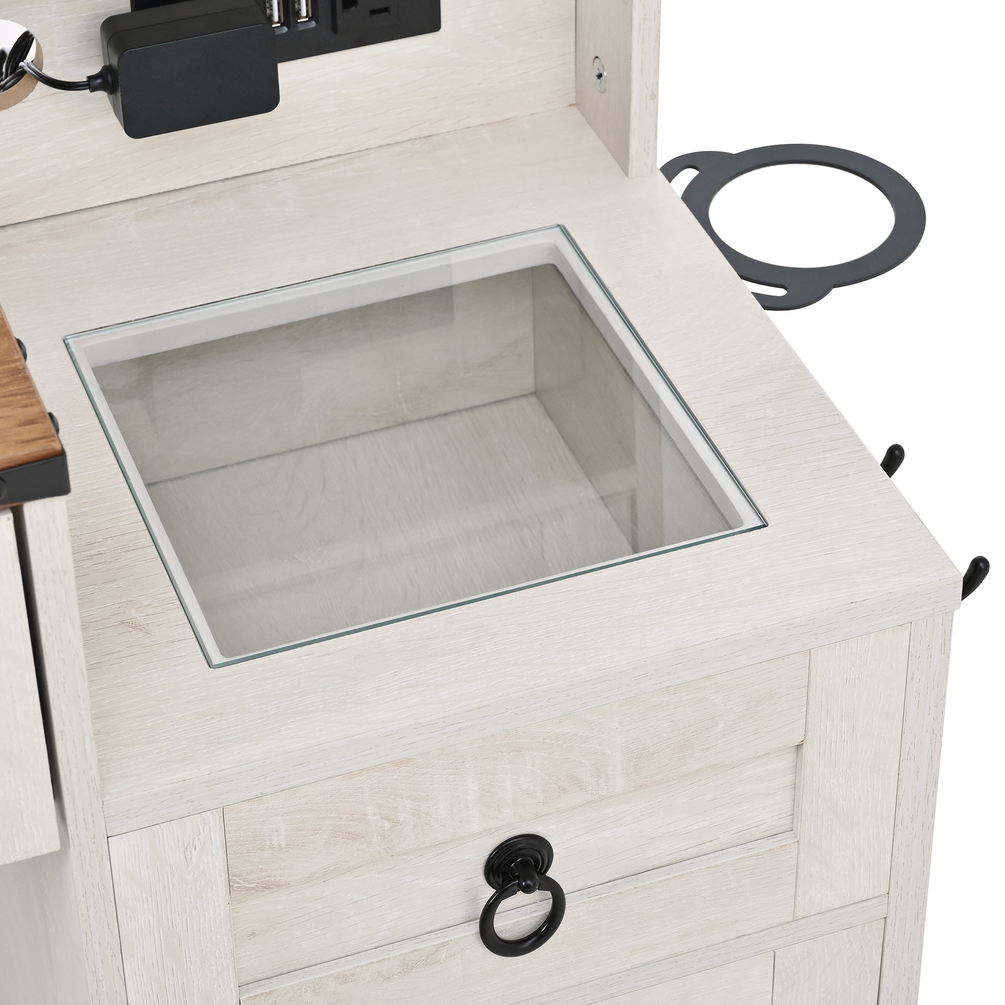 Farmhouse Vanity Desk with Sliding Mirror and Lights, Vanity Set with Glass Top and Charging Station ,Dressing Table with 4 Drawers and 2 Cabinets, Dressing Table with Stool for Bedroom, Gray