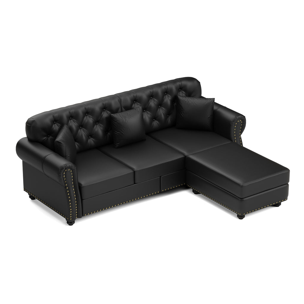 82.6'Upholstered Faux Leather Sofa with Nailhead Trim and Rolled Armrests,Mid-Century Modern Chesterfield Sofa with Button Tufted,Includes 3 Pillows,Black