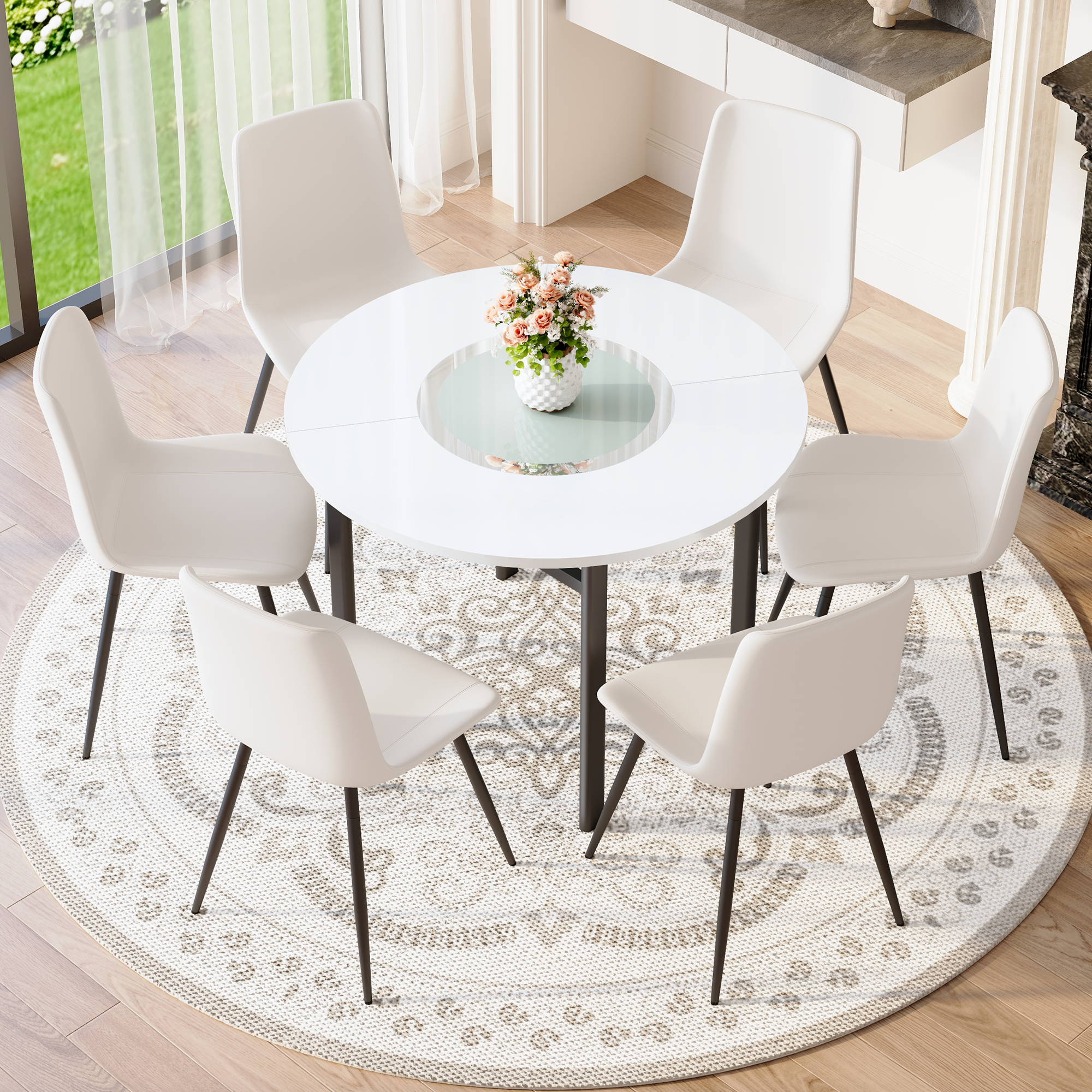 Table and chair set.42 inch modern minimalist white desktop round dining table set.Paired with 6 White Artificial PU Chairs With Curved Widened Cushion Design.Suitable for dining rooms,office,etc.