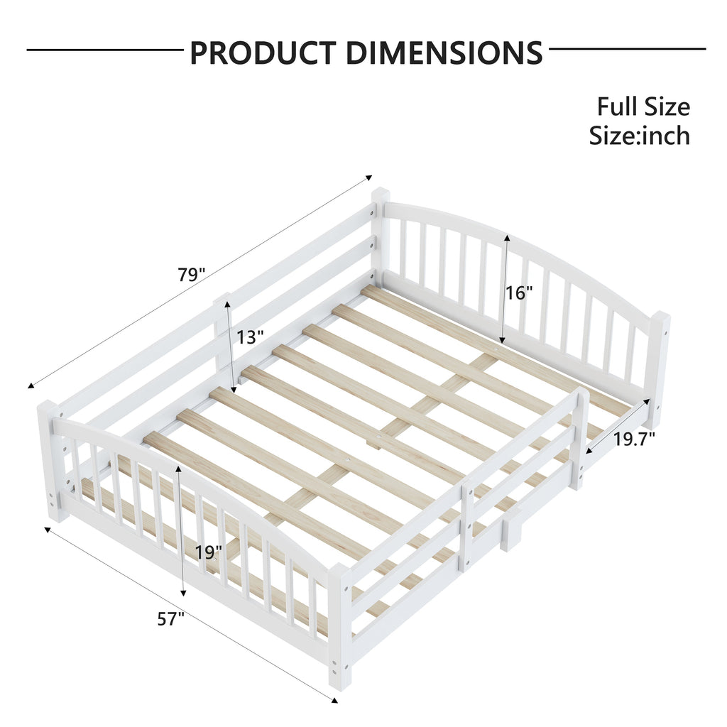 Full Montessori Floor Bed with Slats and Safety Guardrails, Solid Wood Floor Bed with Fence and Without Door, Easy Assemble Montessori Bed for Girls and Boys, Gray