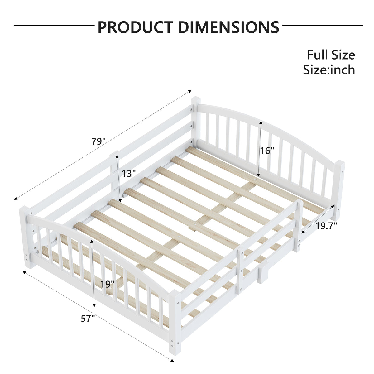 Full Montessori Floor Bed with Slats and Safety Guardrails, Solid Wood Floor Bed with Fence and Without Door, Easy Assemble Montessori Bed for Girls and Boys, Gray