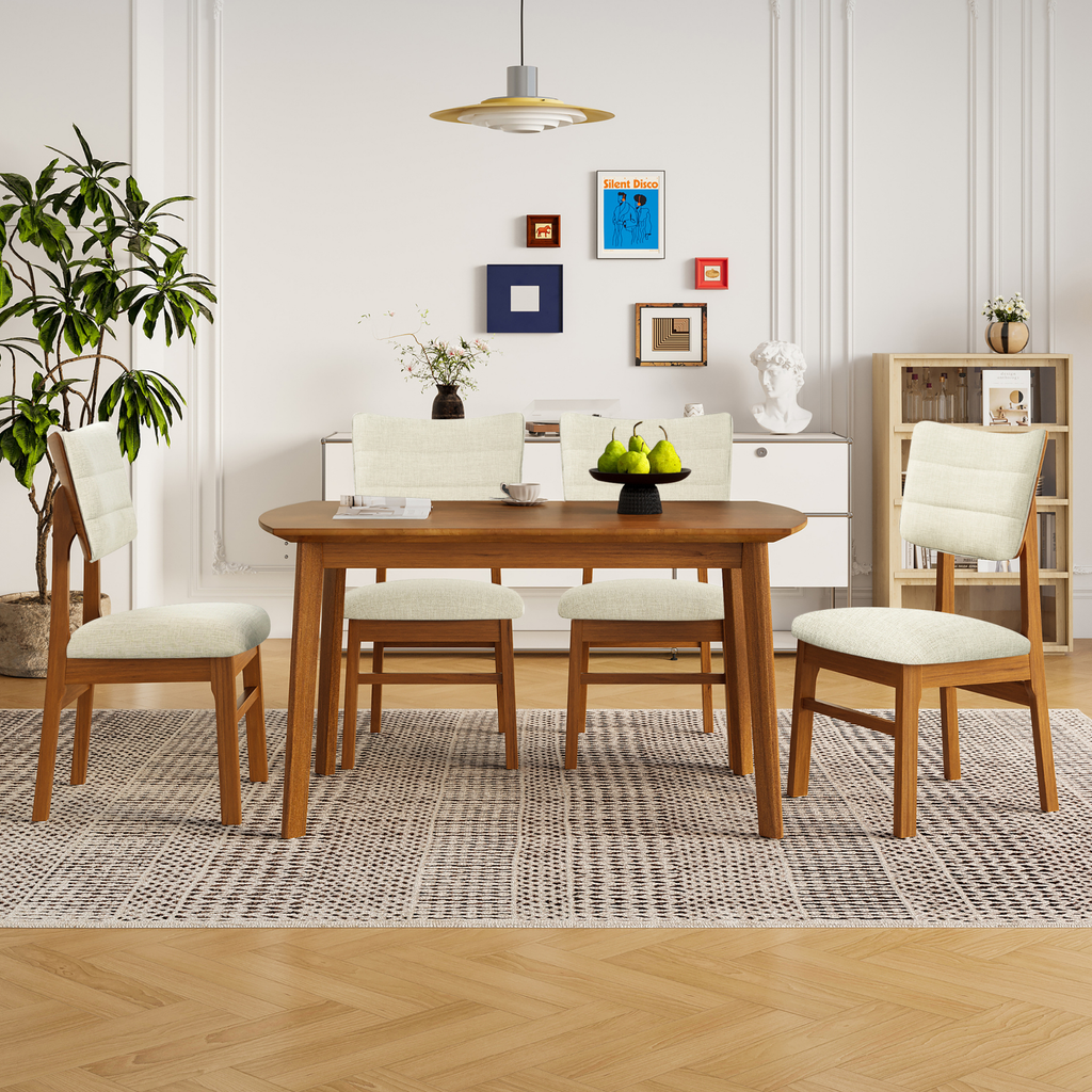 Farmhouse Dining Table Set for 4, Wood Kitchen Table & 4 Upholstered Chairs with Sturdy Rubber Wood Frame, Padded Seat, Curved Backrest, Space-Saving Dinette Set for Dining Room, Brown+Gray