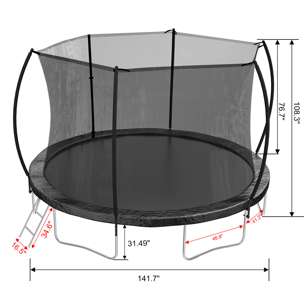 Curved fence pole trampoline safer net-to-mat spacing close-up