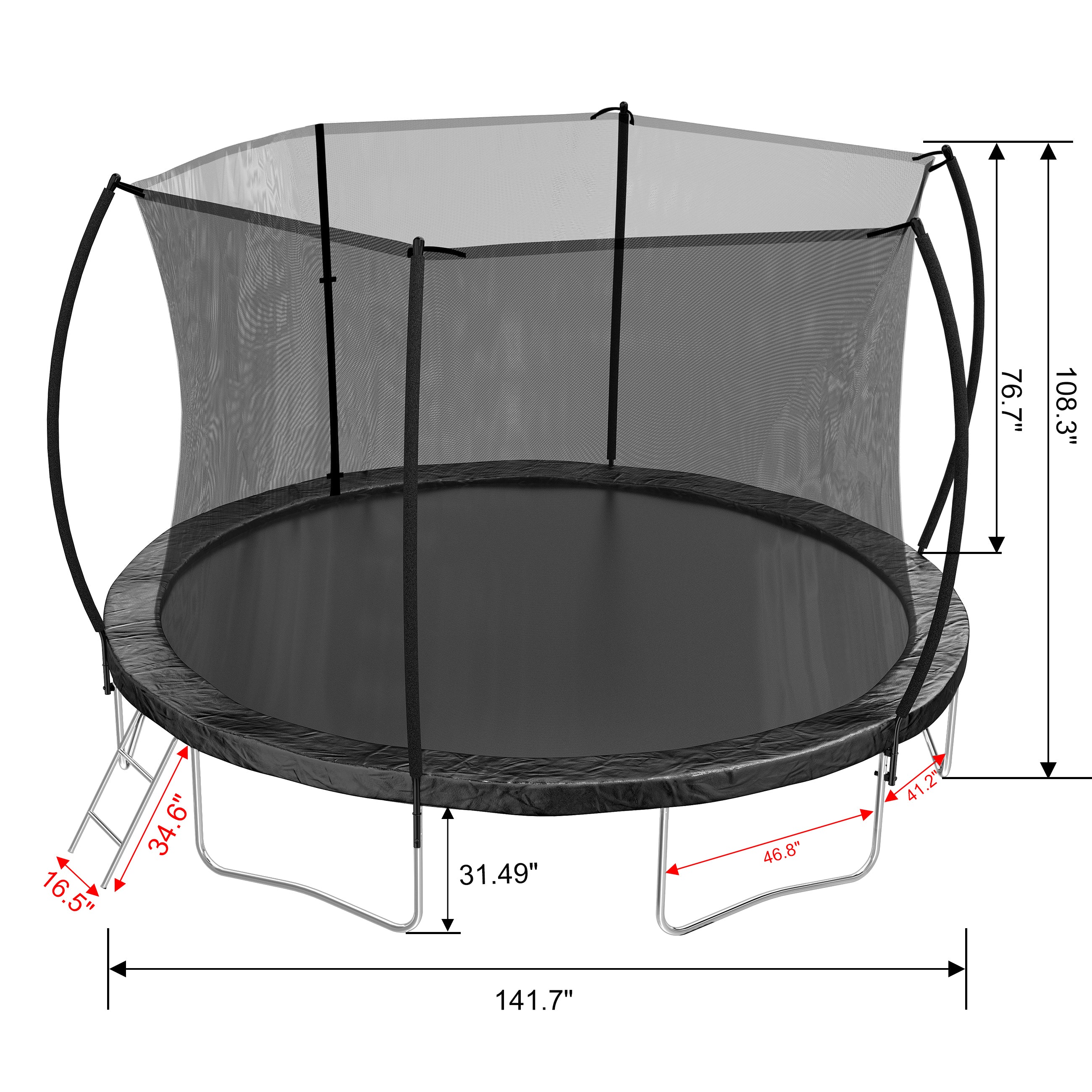 Curved fence pole trampoline safer net-to-mat spacing close-up