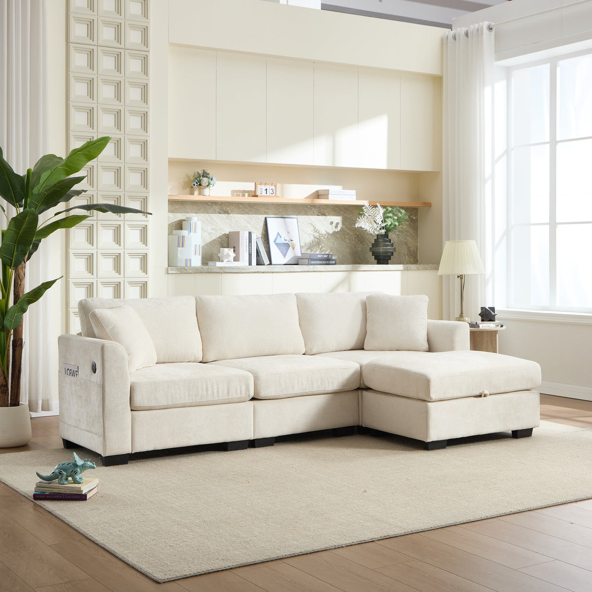 Modern Storage Sofa with Dual USB, 2 Side Pockets,Ottoman Storage Bench Cloud Sectional Chenille Sofa Oversized,4-Seat, L-Shaped Couch,Black