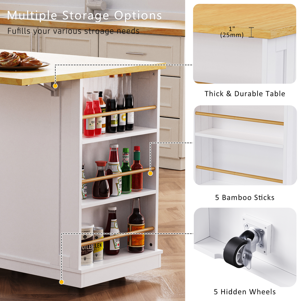 K&K 53inch Large Kitchen Island with 2 Bar Stools, Power Outlet,Door Internal Storage Rack, Kitchen Storage Cart on 5 Wheels with Drop Leaf, 5 Open Side Racks, 3 Drawers,Black (Three Packages)