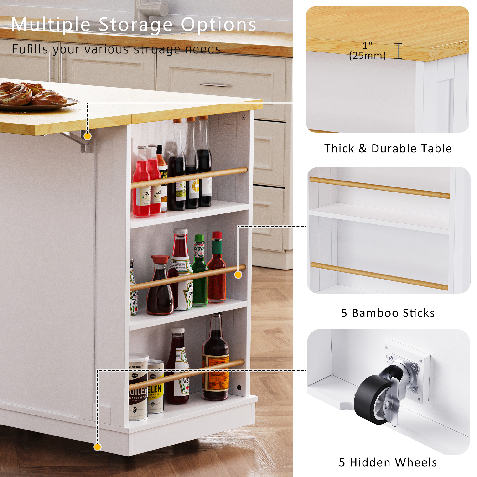 K&K 53inch Large Kitchen Island with Drop Leaf,Power Outlet,Door Internal Storage Rack,Rolling Kitchen Cart on 5 Wheels with 5 Open Side Racks for Kitchen,Black(Two Packages)(Stools not included)