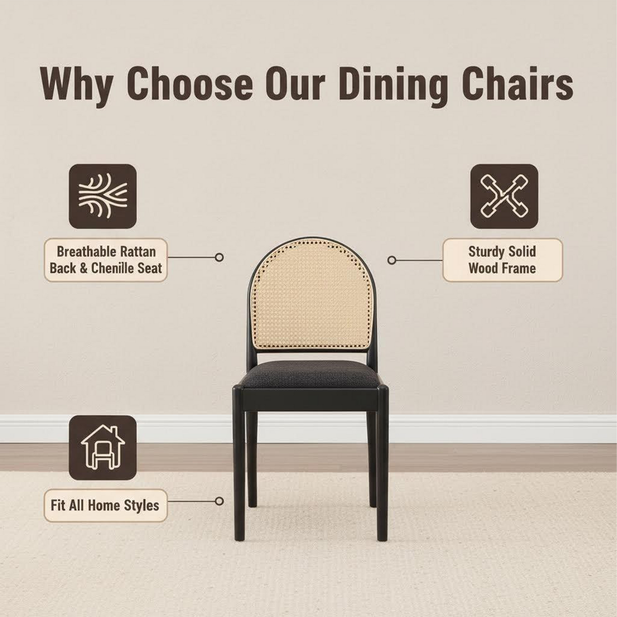 Rattan Dining Chairs Set of 2, Upholstered Linen Dining Room Chairs with Backrests, Modern Kitchen Chairs with Wood Legs for Dining Room, Beige