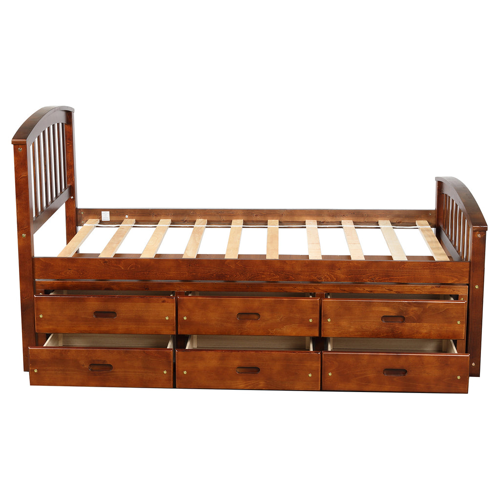 Walnut twin bed with drawer storage close-up