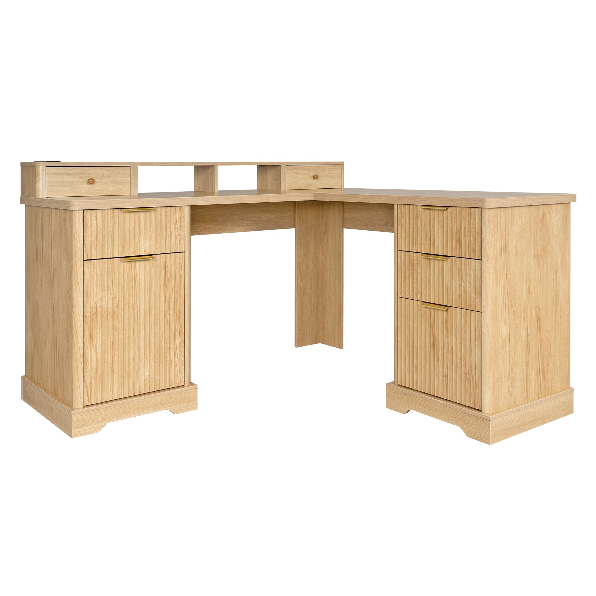 Fluted L-Shaped Desk with Charging Station, Monitor Stand & File Drawer — 59-Inch