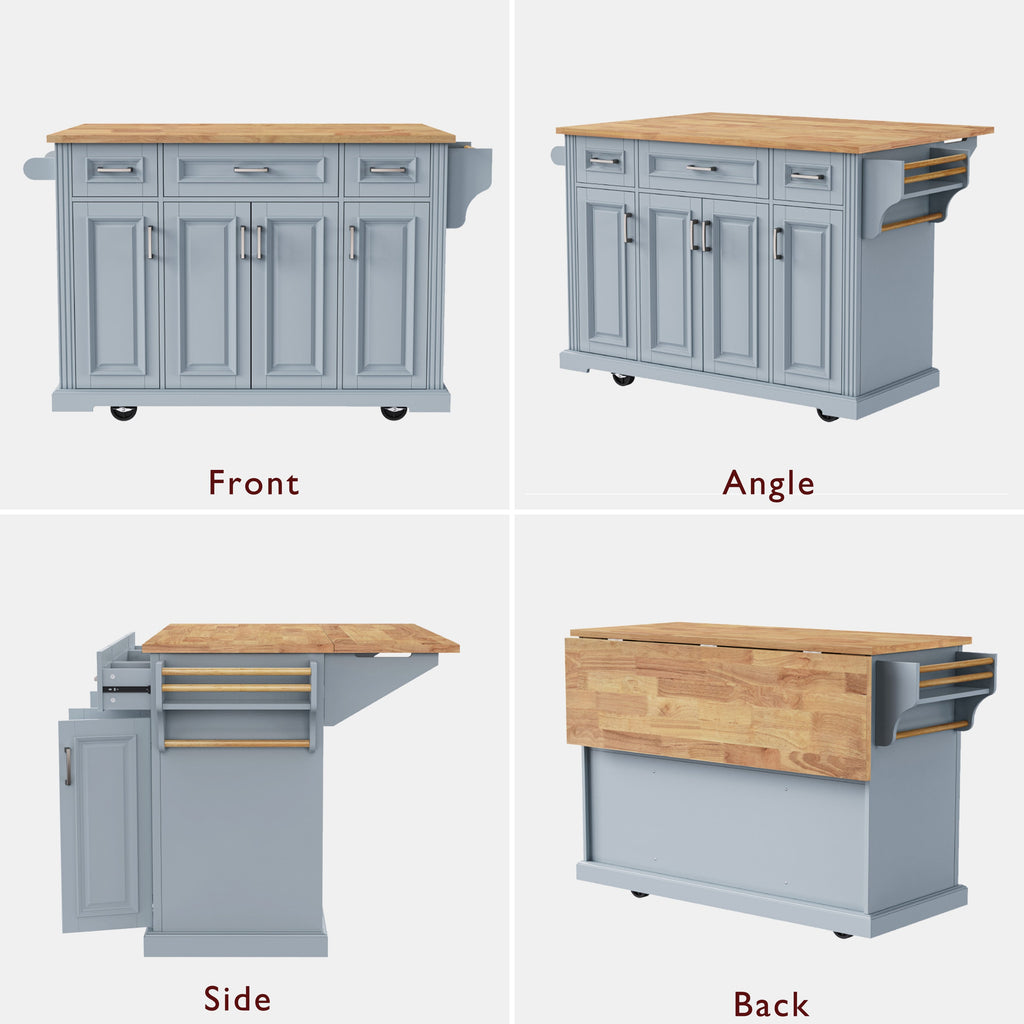 K&K 54inch Large Kitchen Island with Rubber Wood Drop Leaf, Embossed Texture Rolling Kitchen Cart on 4 Wheels with 4 Doors and 3 Drawers, Kitchen Island with Storage for Kitchen, Dining Room,Black