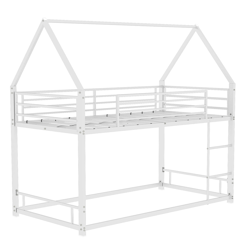 White Heavy-duty Metal Twin over Twin Bunk Bed with Noise Reduction and Safety Guardrails, Iron Frame, No Box Spring Needed