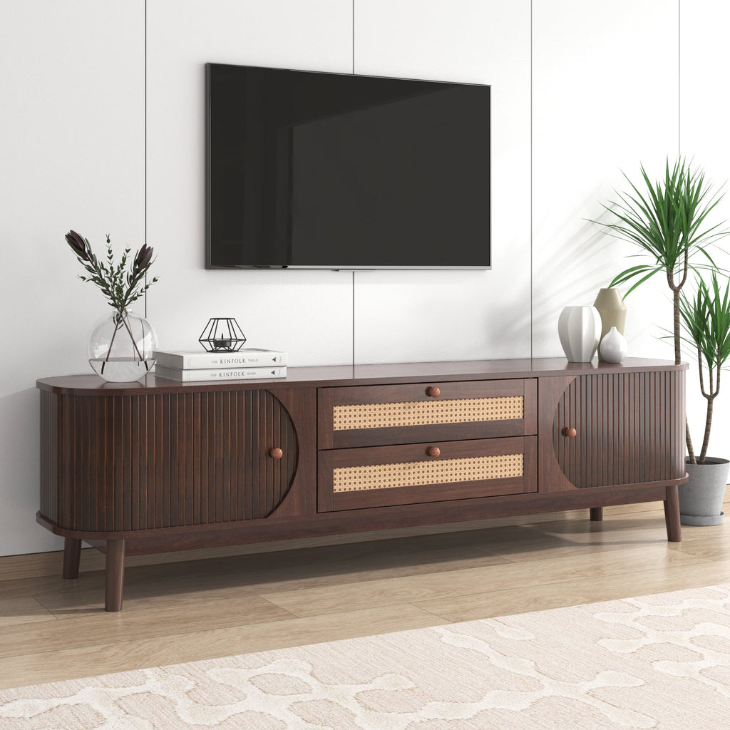 Modern Farmhouse Rattan TV Stand — for TVs Up to 75" (Natural Wood)