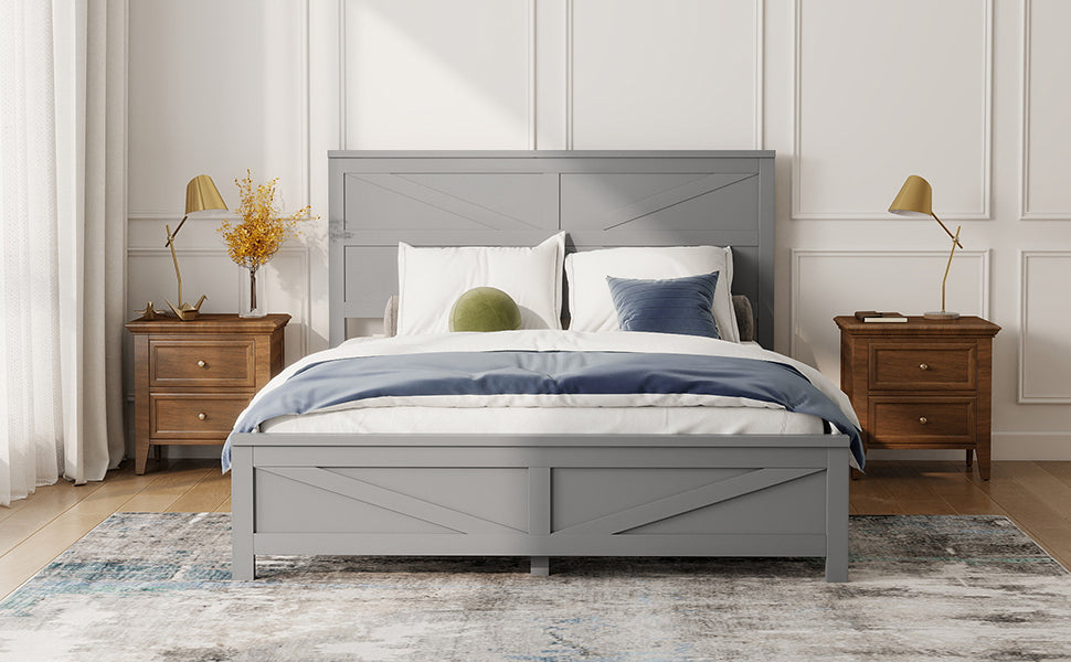 Farmhouse Style Queen Size Bed with Barn Door Designed Headboard and Footboard, Pinewood Bed with Strengthened Bed Frame ,White