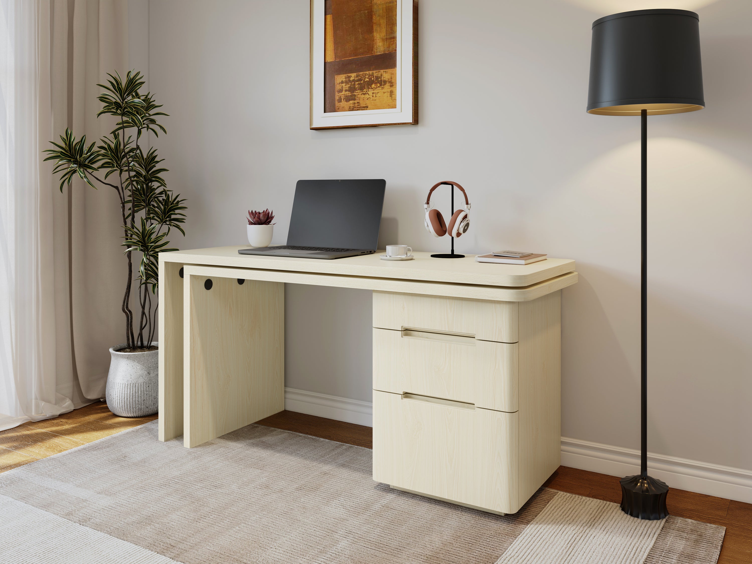 L-shaped desk corner workspace with rotating top