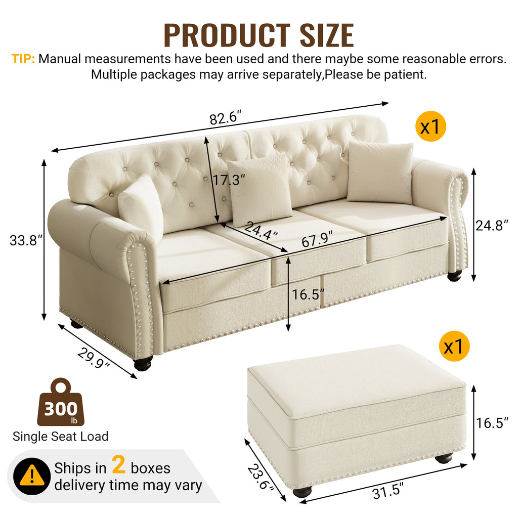 82.6'Upholstered Velvet Sofa with Nailhead Trim and Rolled Armrests,Mid-Century Modern Chesterfield Sofa with Button Tufted,Includes 3 Pillows,Burgundy