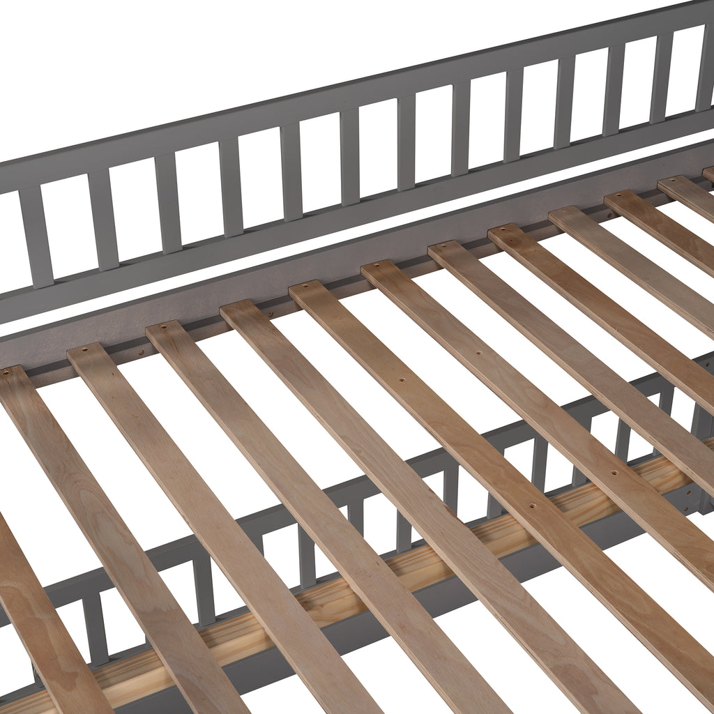 Gray full over full bunk bed ladder access to upper bunk