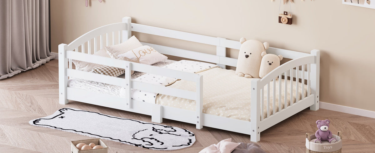 Twin Montessori Floor Bed with Slats and Safety Guardrails, Solid Wood Floor Bed with Fence and Without Door, Easy Assemble Montessori Bed for Girls and Boys, Gray