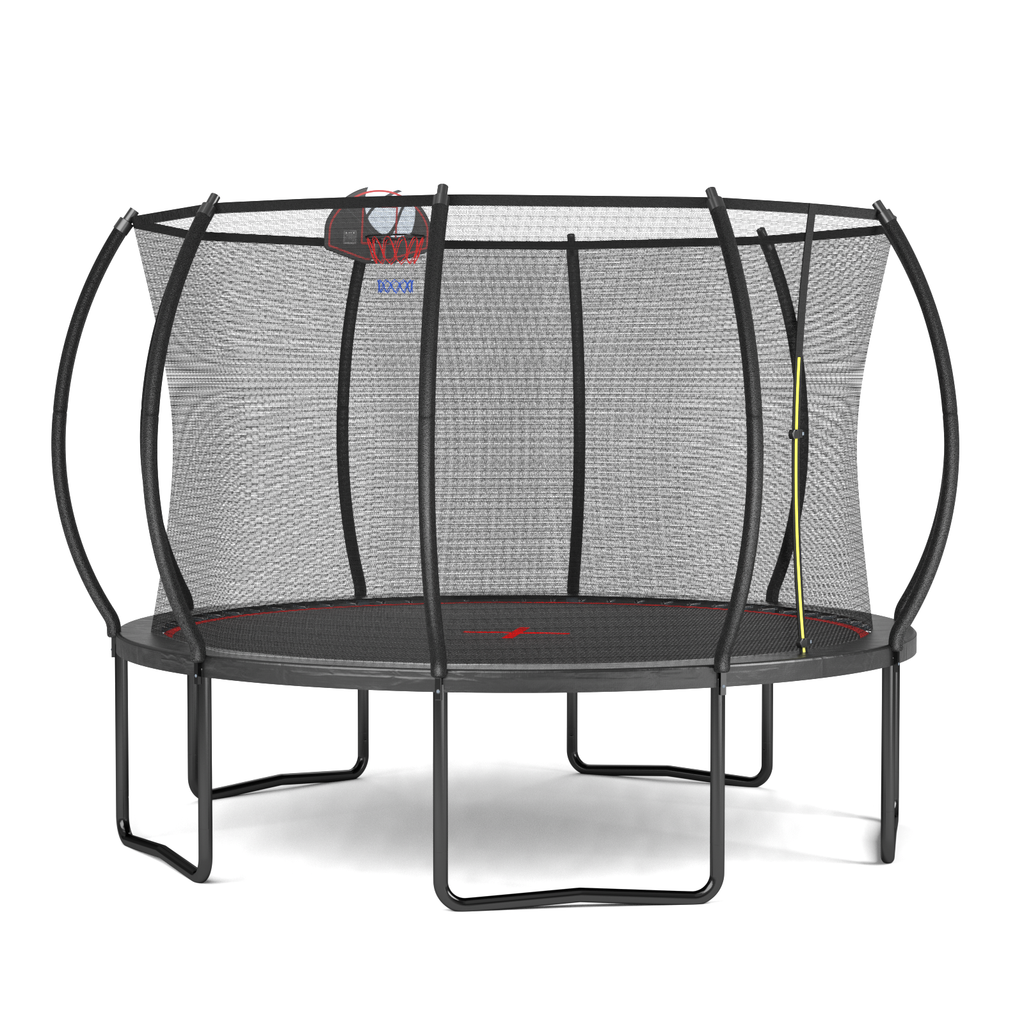 Black red pumpkin trampoline curved safety enclosure poles detail