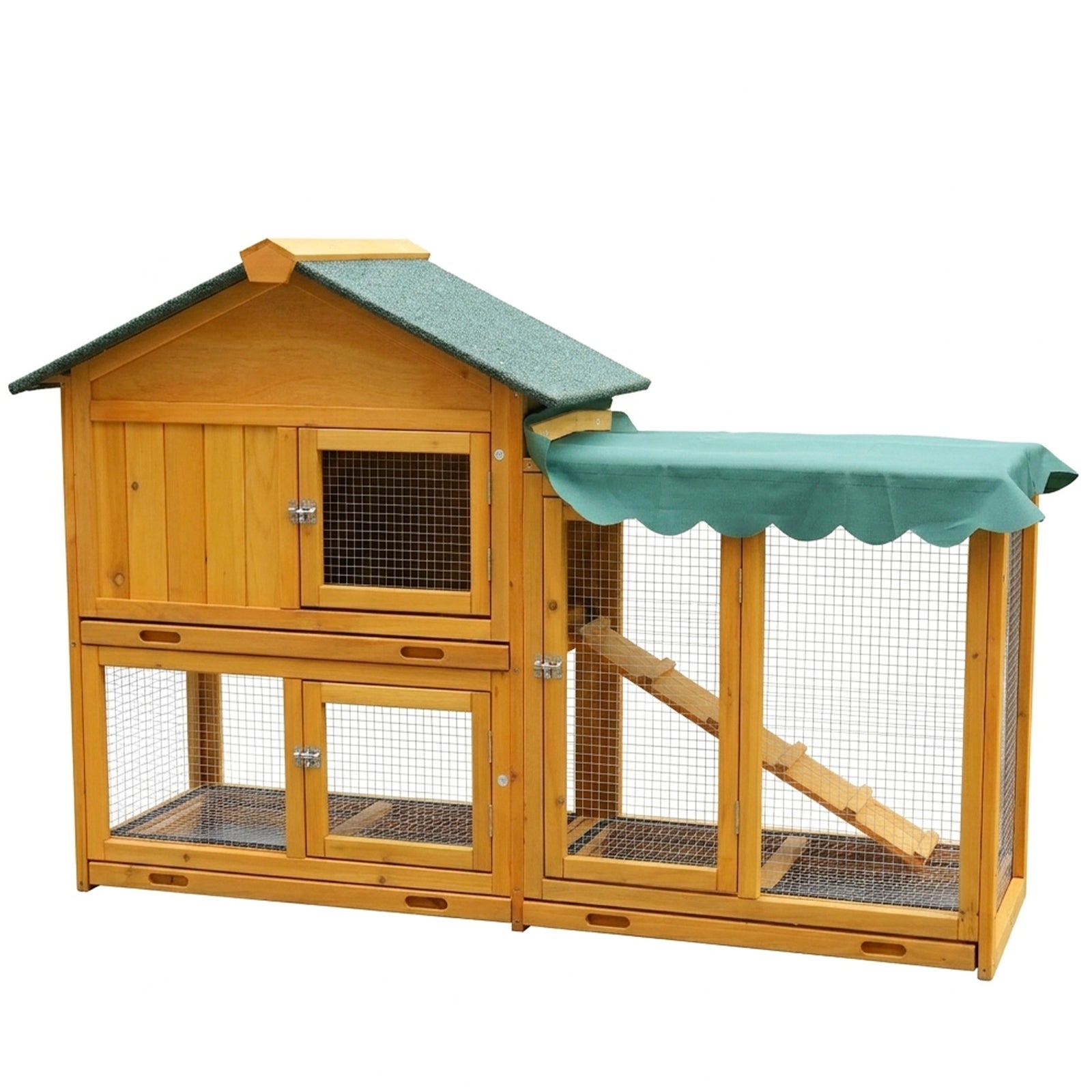 Large Wooden Rabbit Hutch with Run, 2-Tier Bunny Cage Outdoor Indoor with Pull-Out Tray & Waterproof Roof, Guinea Pig House Pet Hutch for Rabbits, Chickens, Hamsters, Small Animals