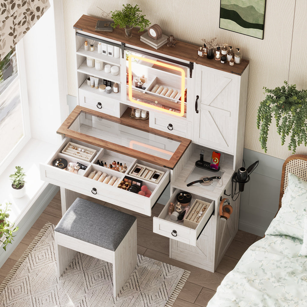 Farmhouse Vanity Desk with Sliding Mirror and Lights, Vanity Set with Glass Top and Charging Station ,Dressing Table with 4 Drawers and 2 Cabinets, Dressing Table with Stool for Bedroom, Gray