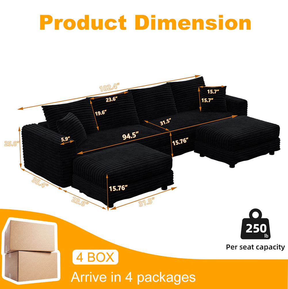 102.4 'Plush Corduroy 4-Seat Sofa,Modern Comfy Upholstered Sofa Cloud Couch,Deep Seat Couches with Soft Pillows and 3 Ottomans,Convertible Sofa Lounge Chair,Black(Old SKU:W1885S00287)