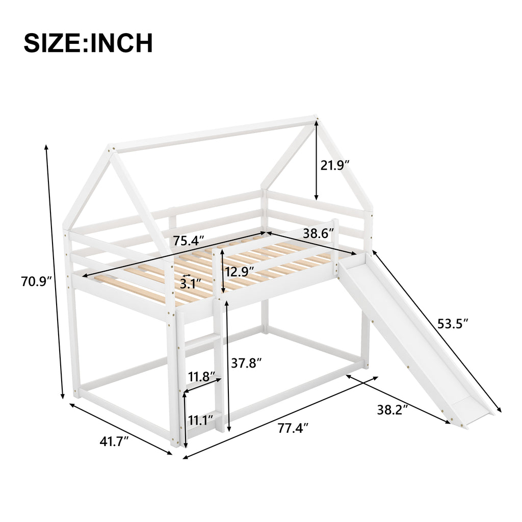 White playhouse bunk bed in kids bedroom
