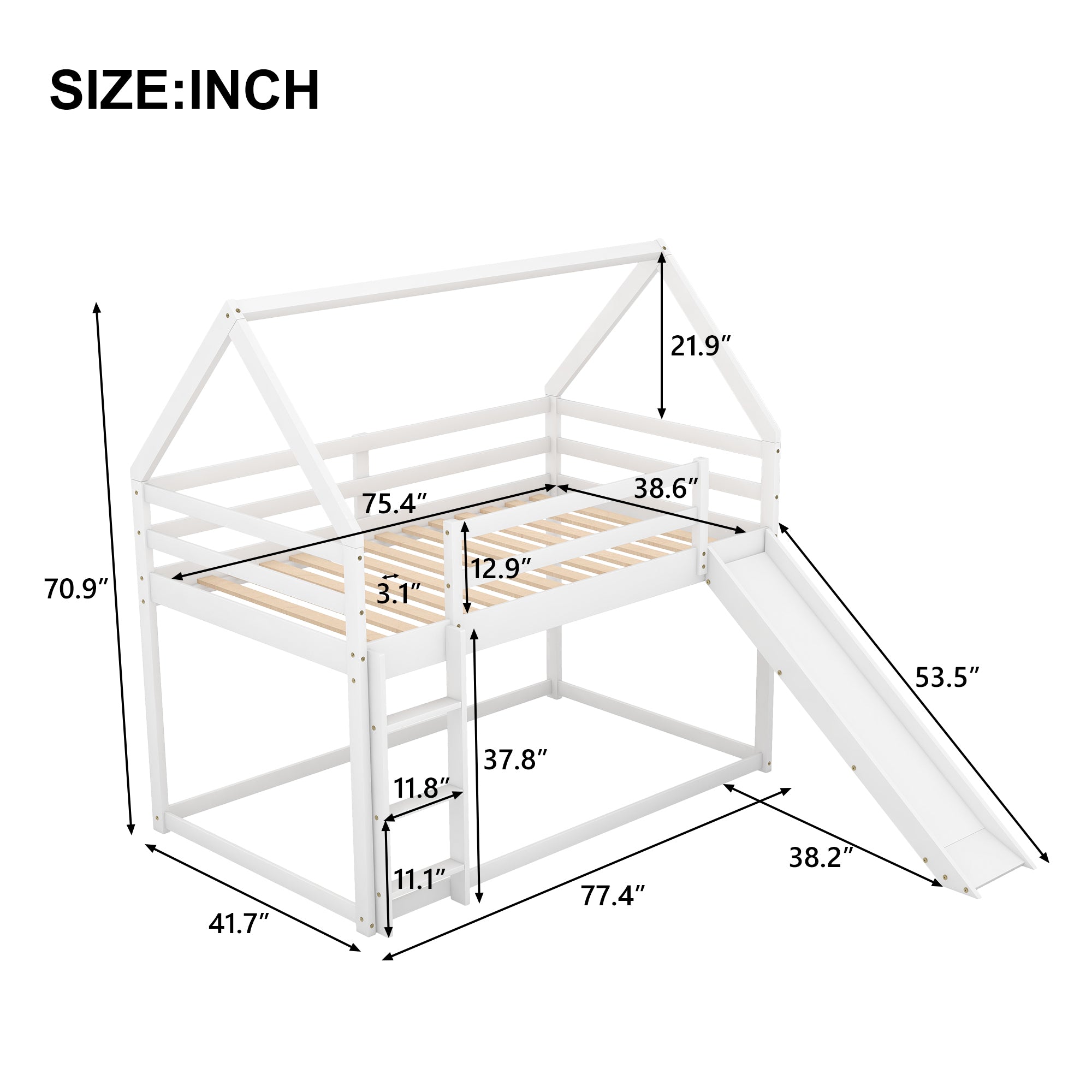 White playhouse bunk bed in kids bedroom
