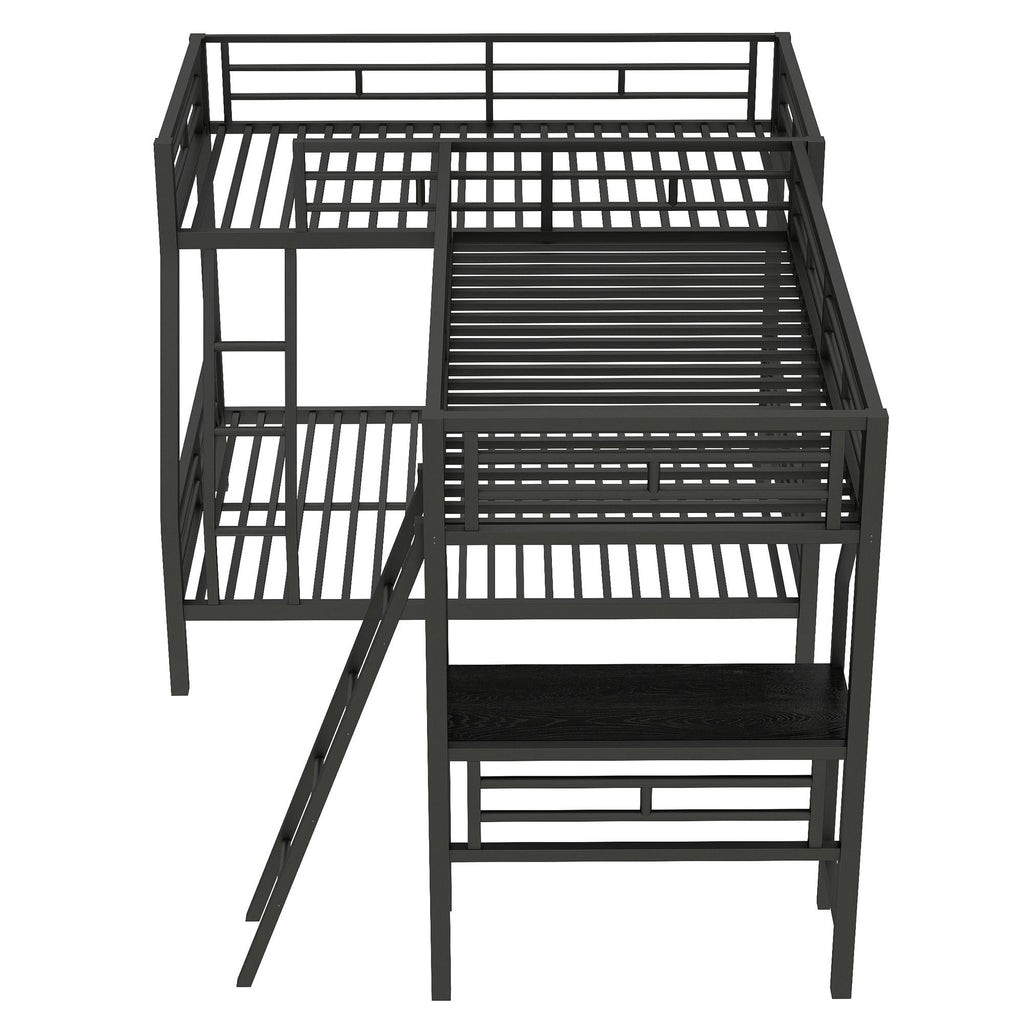 Black metal L-shaped bunk bed upper twin bunk with guardrails — top view