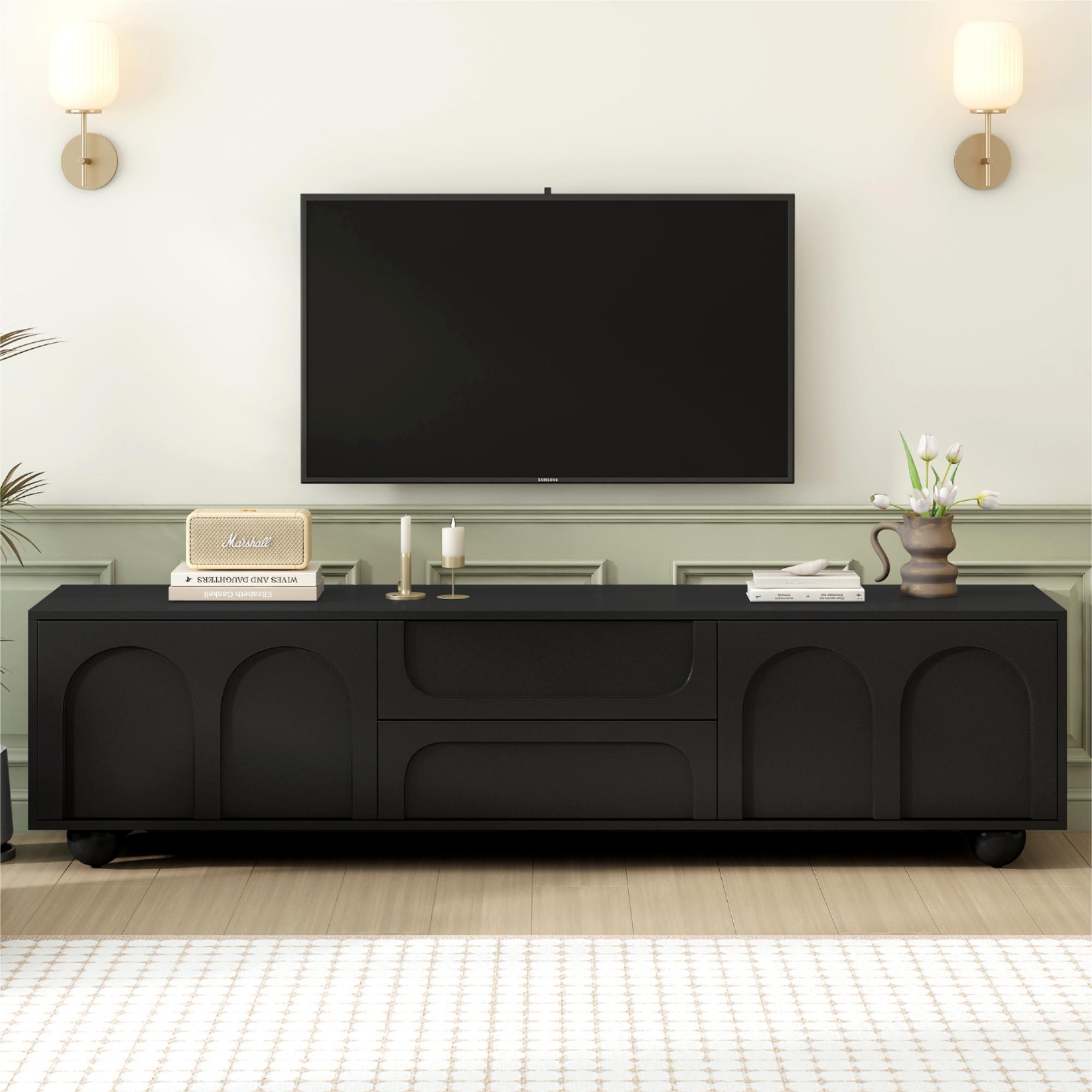 69-inch black media console with arched cabinet doors