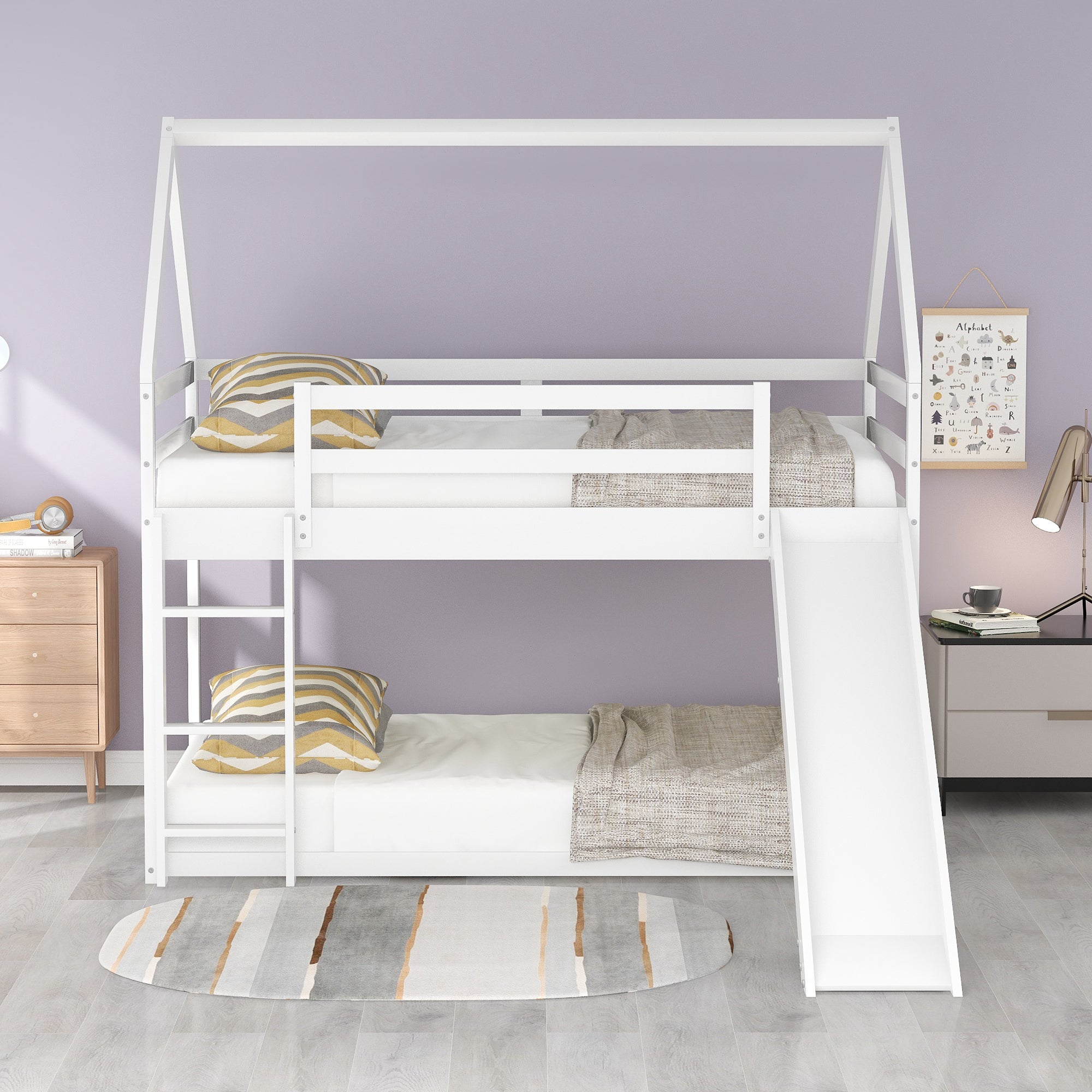 Twin bunk bed with built-in slide detail