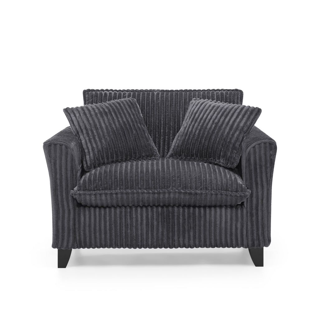 Gray corduroy lounge chair compact footprint overview