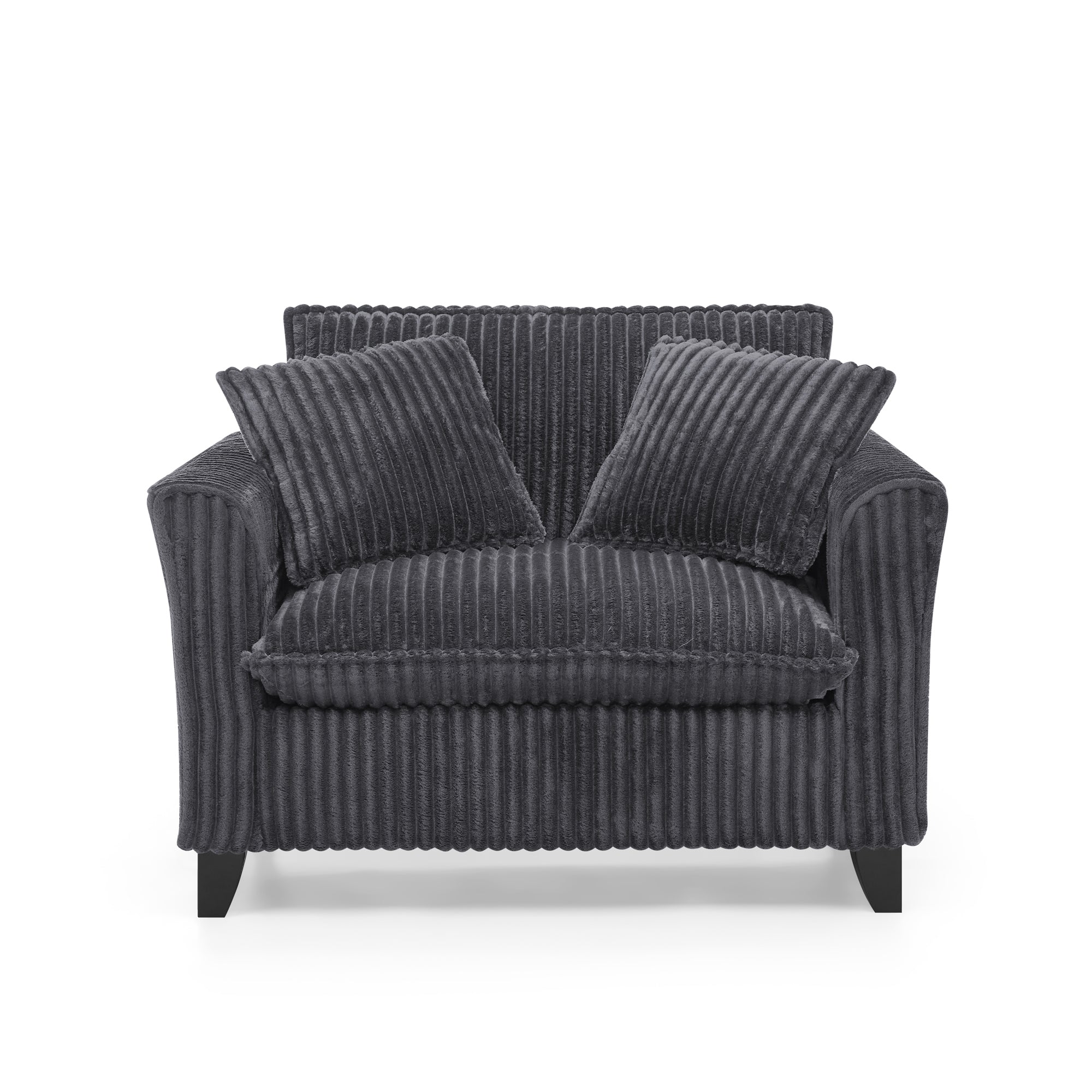 Gray corduroy lounge chair compact footprint overview