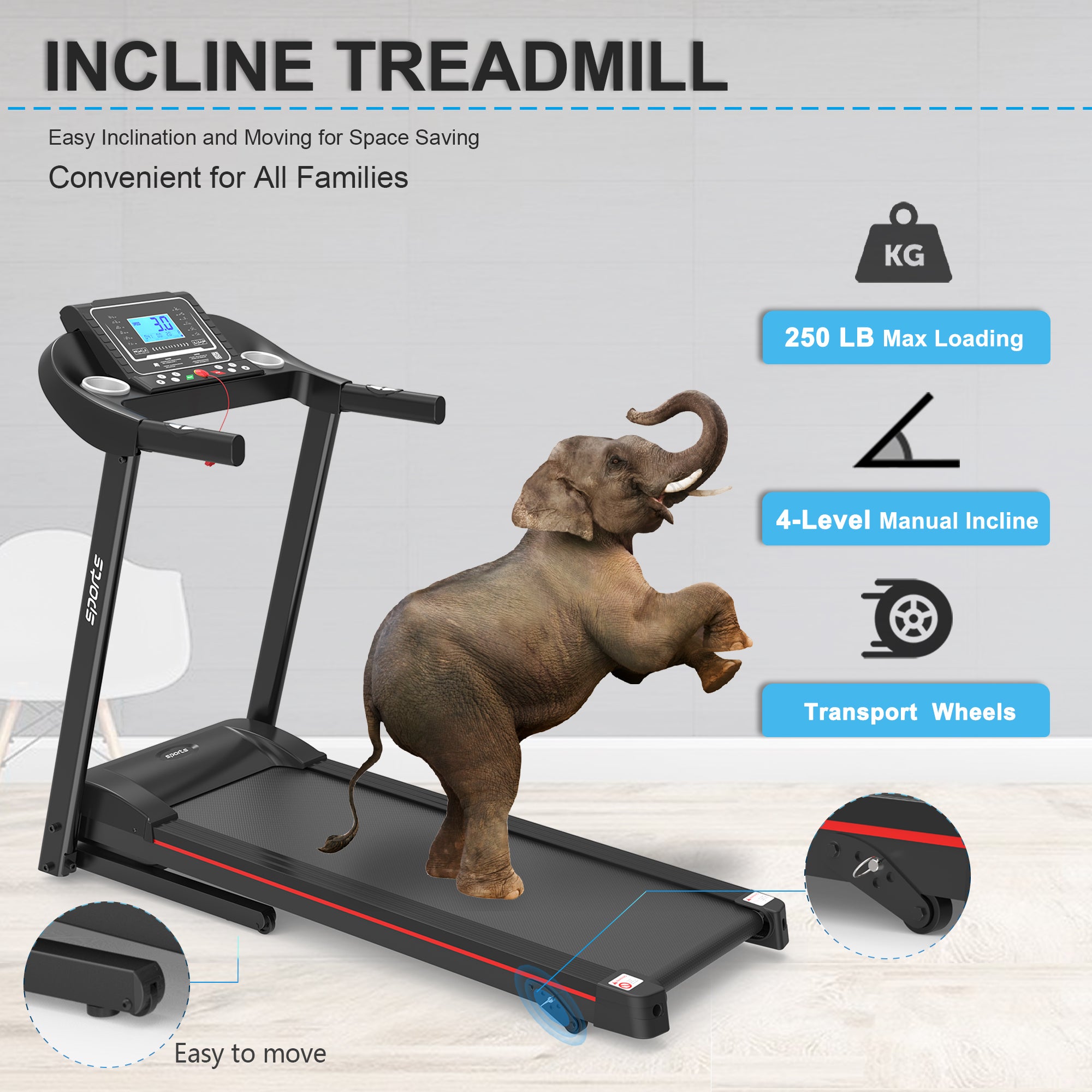 Black foldable treadmill Bluetooth music speaker detail