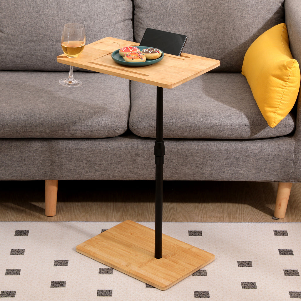 Bamboo C-shaped end table height adjustable couch tray — front view